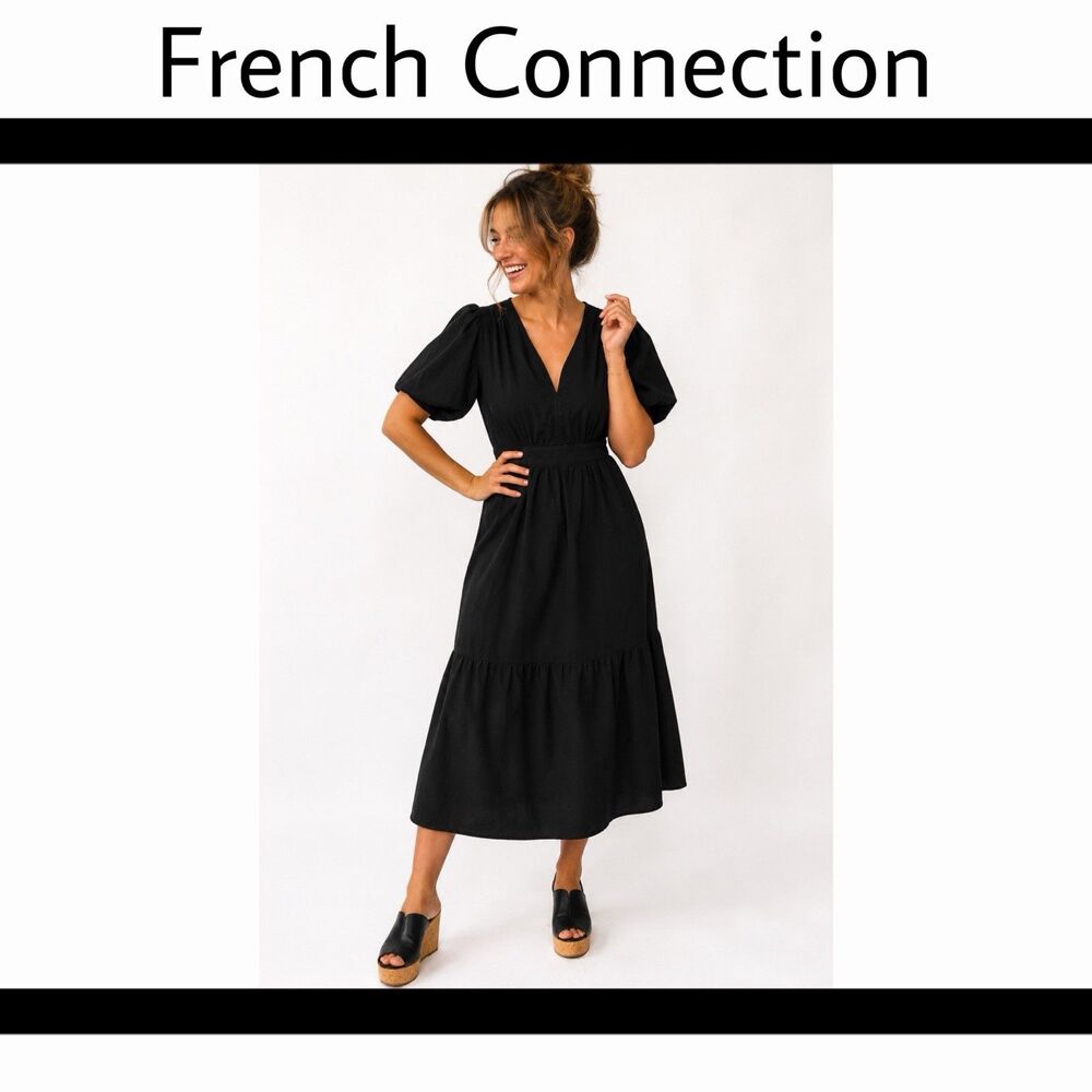 French Connection Midi Dress Puff Sleeves Black XS Classic Boho